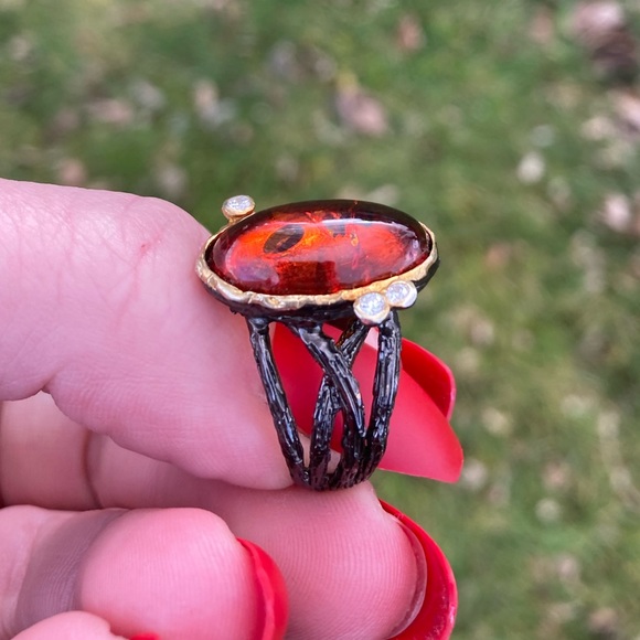 Natural Oval Amber Gemstone Ring Sz 7.75 Silver with Black Rhodium Gold - Picture 3 of 8